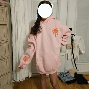 Pink palm puffy hoodie, everything comes in waves, size large, pink